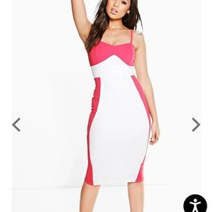 Boohoo Brandi Strappy Colour Block Panel Detail Midi Dress, US-4, Coral & White